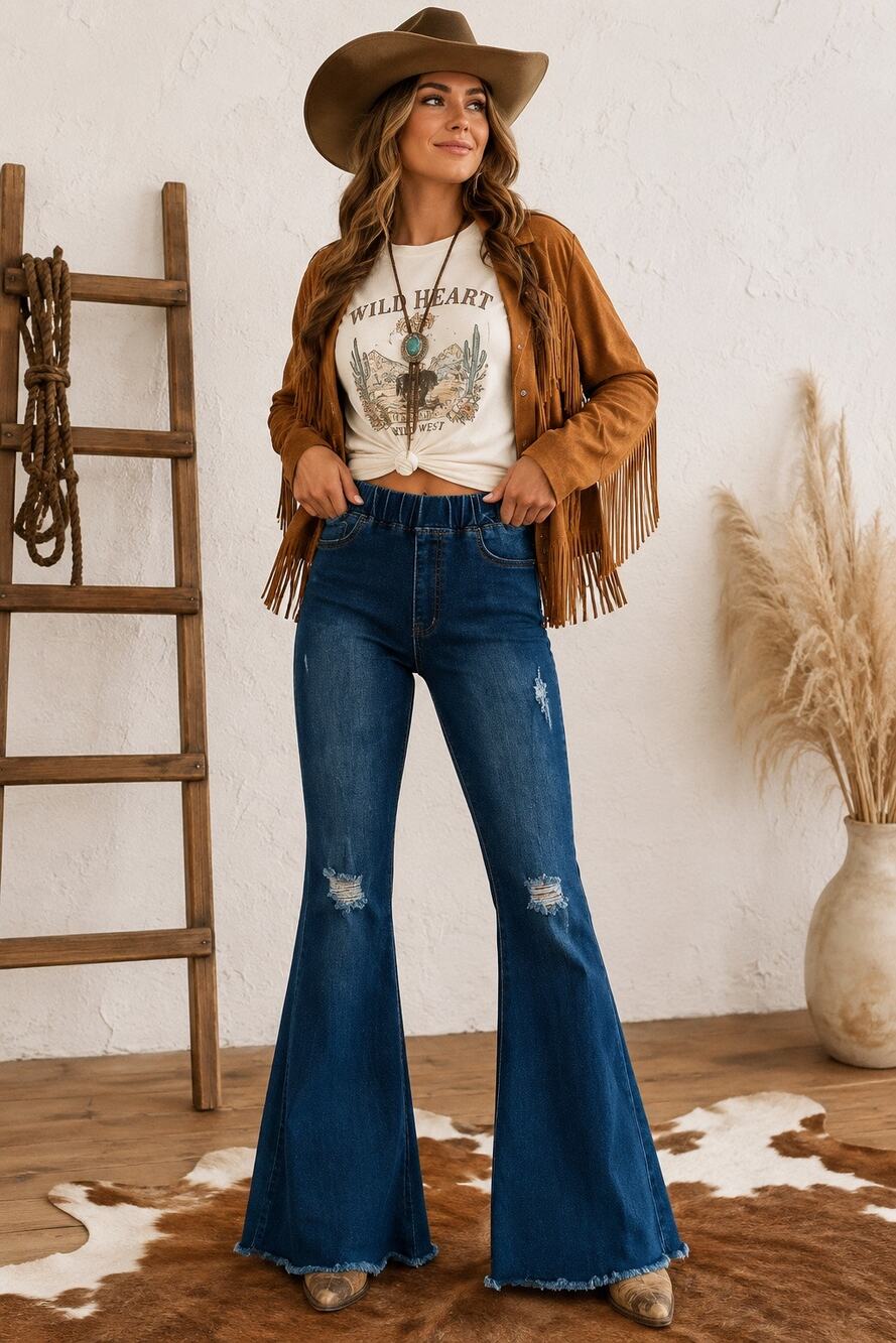 Aaron & Amber Elastic Waist Bell Bottom Dark Wash Distressed Jeans Western 24